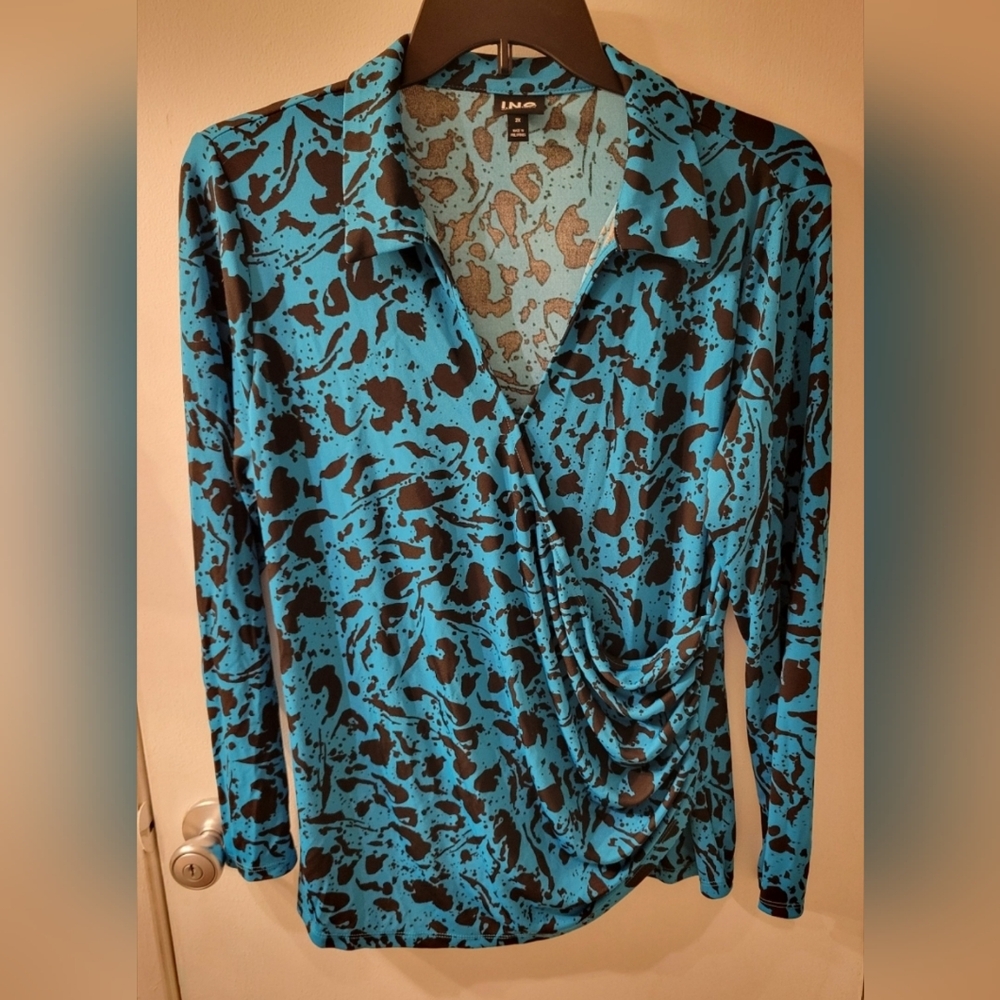 INC International Concepts Women's Plus Faux-wrap Knit Long Slv Top Turq/blk 2X